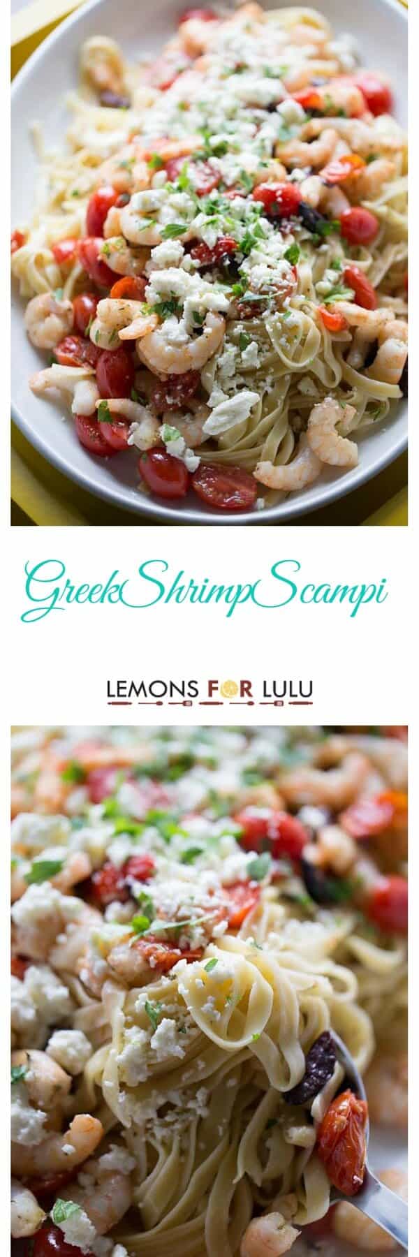 Greek Shrimp Scampi features pasta lightly tossed with seasoned shrinp, fresh cherry tomatoes, kalamata olives and feta cheese! A simple, no fuss recipe that is sure to please. lemonsforlulu.com