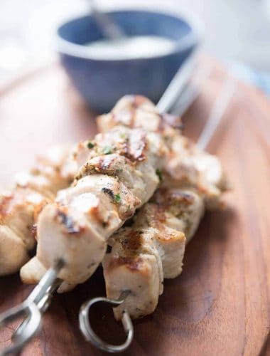 Chicken souvlaki or chicken skewers is so easy and the seasoning keeps the chicken so tender!