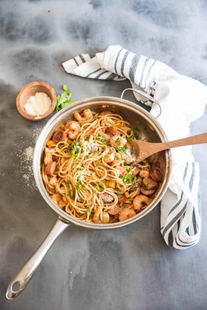 Jambalaya pasta in pan top down view