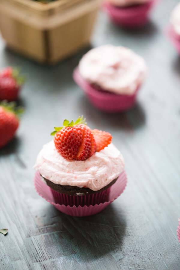 Chocolate Cupcakes with Strawberry Frosting
