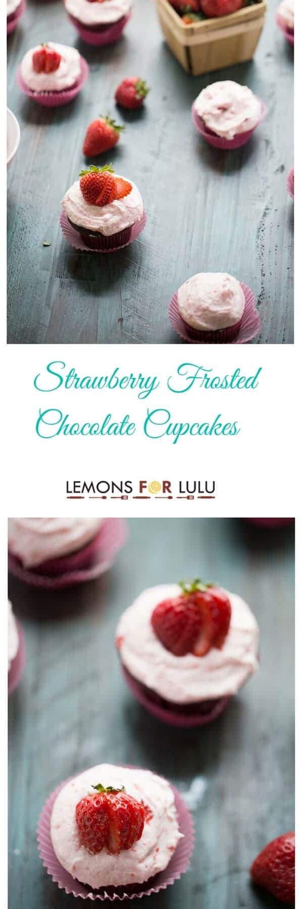 Strawberry frosting covers easy chocolate cupcakes. This buttercream recipe is full of fresh strawberries, it is so creamy and so flavorful, it’s like dessert all on it’s own! lemonsforlulu.com