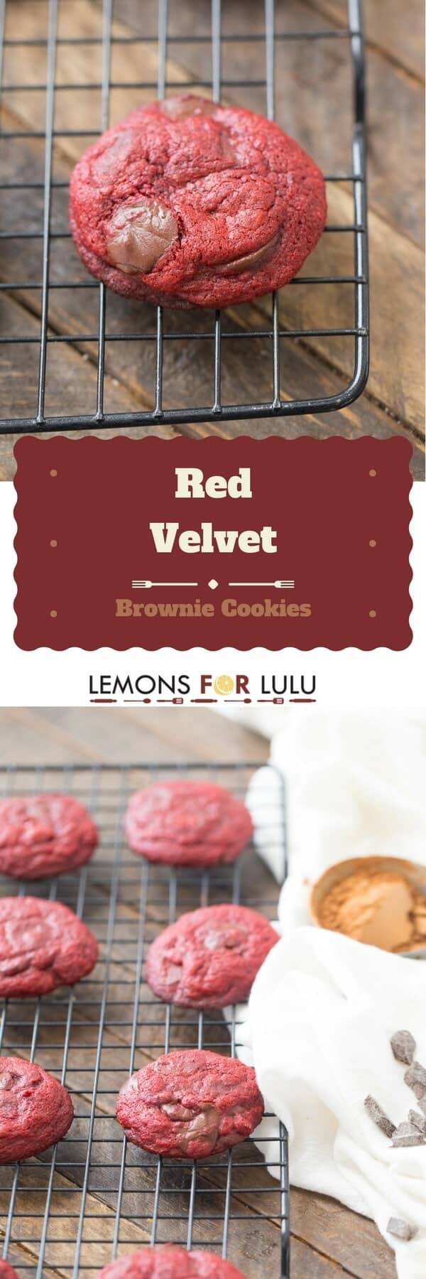 Soft brownie cookies will lots of chocolate chips and gorgeous red velvet color!