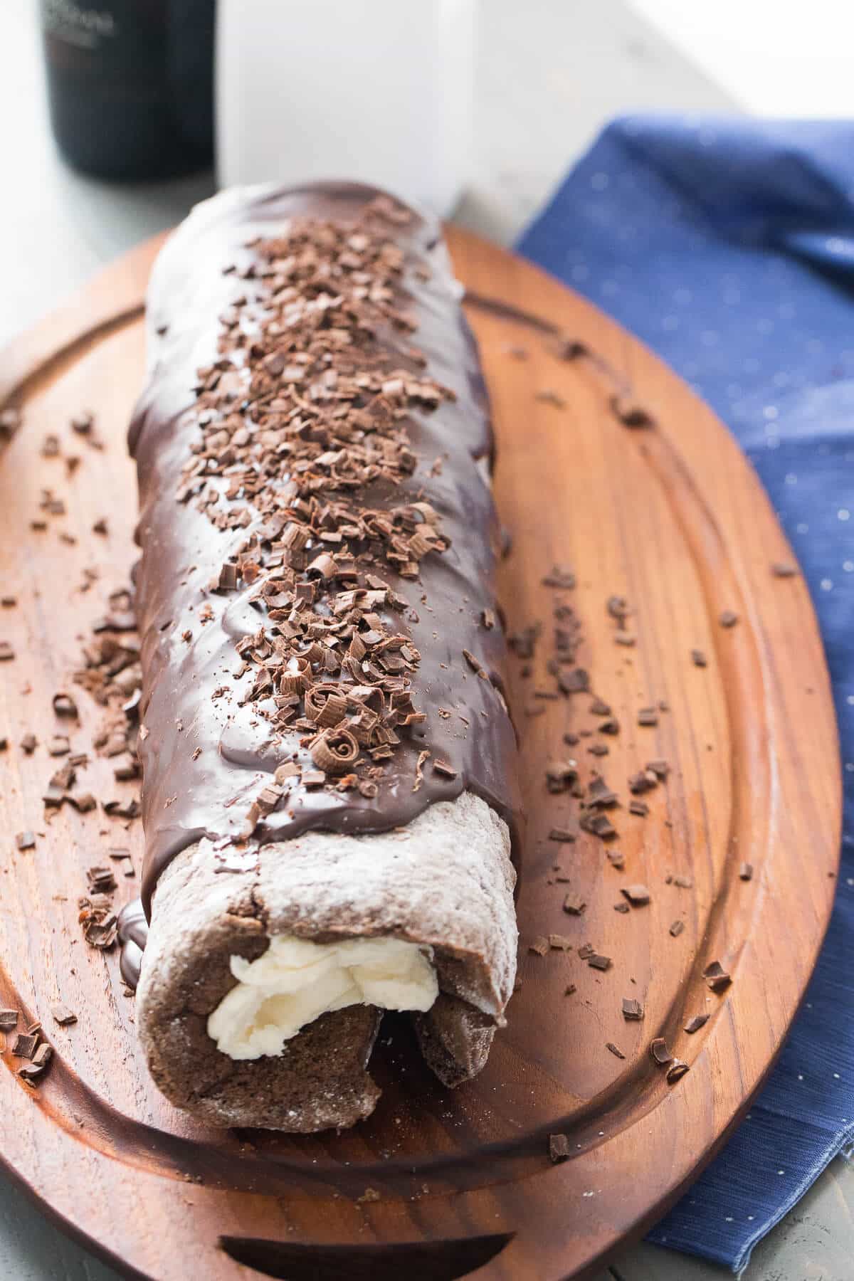 This chocolate roll has a hint of mocha and a creamy Bailey's filling! The Baileys ganache sets it apart!