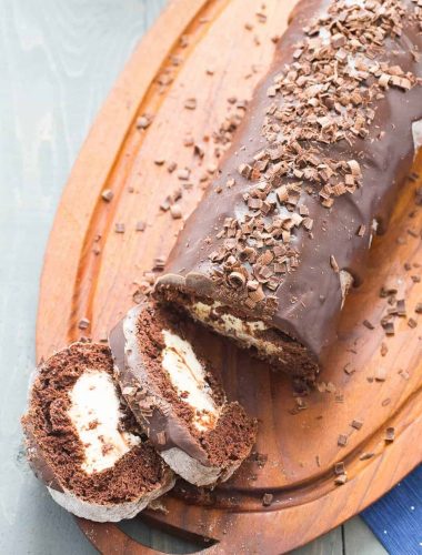 This chocolate roll is irresistible! Bailey's is in the filling and it is a key flavor in the ganache, how wonderful!