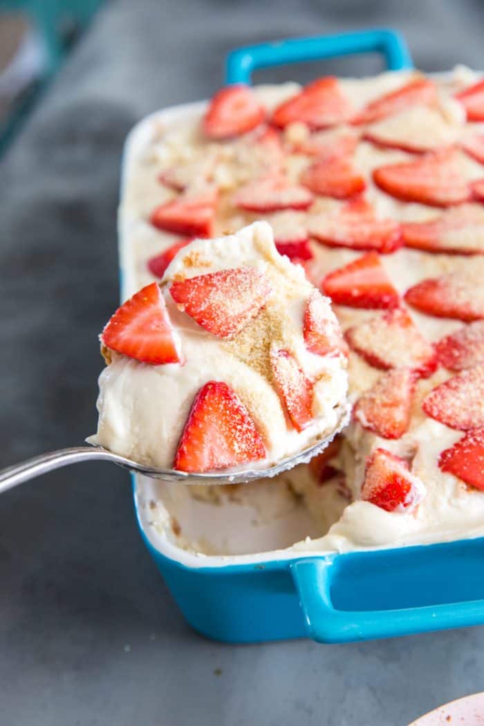 strawberry tiramisu being scooped