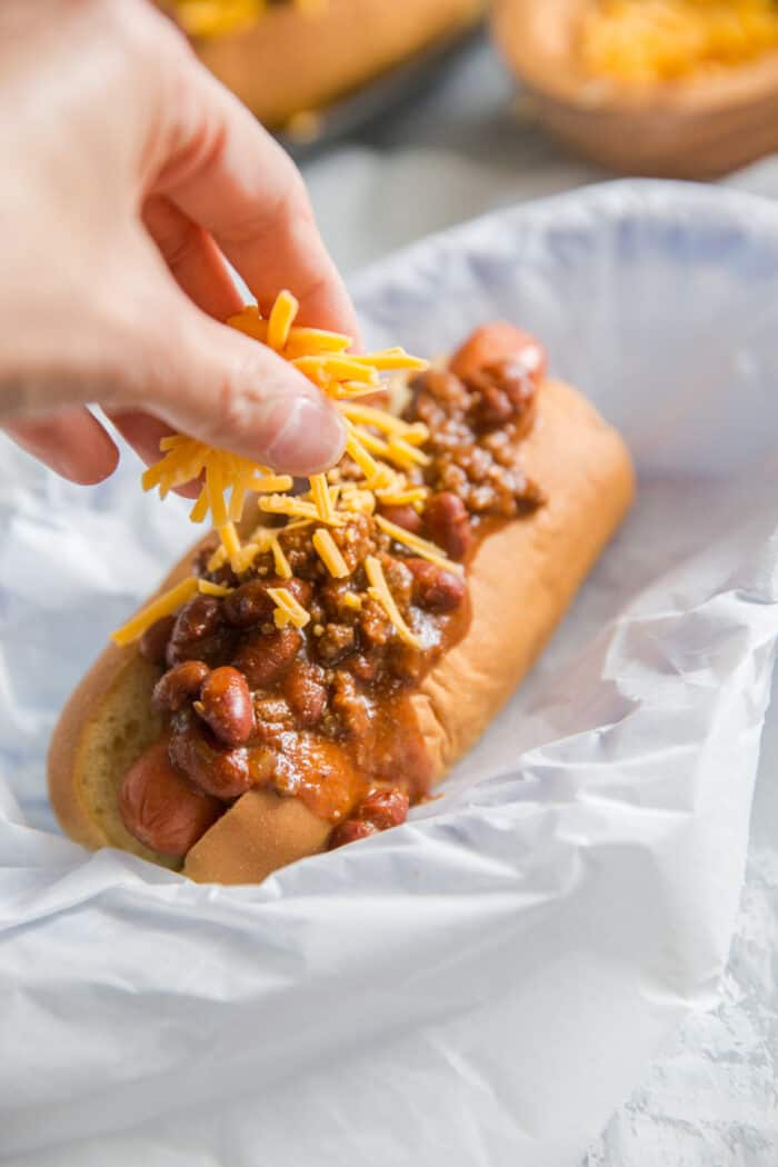 chili dog topped with cheese