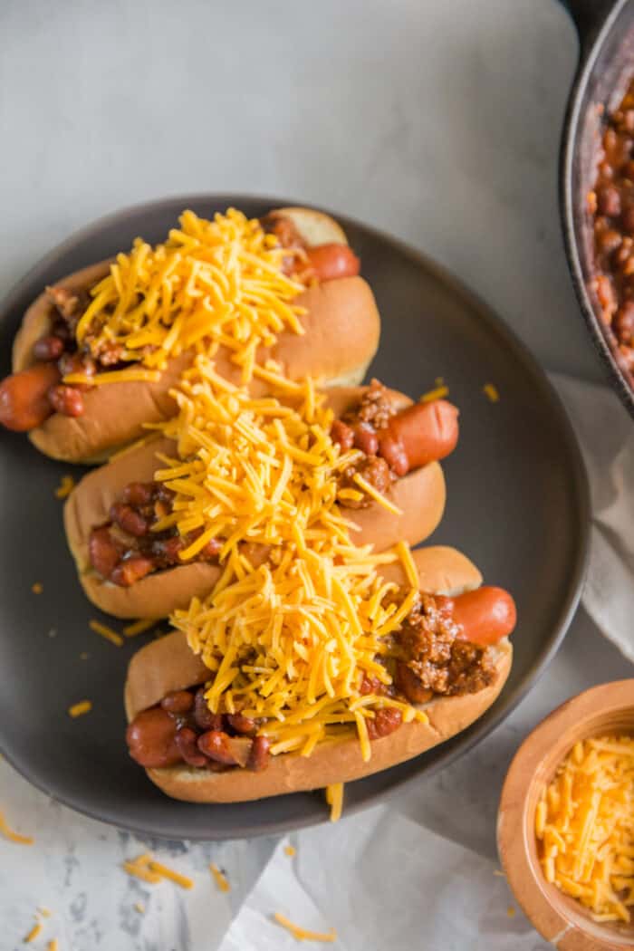 chili dogs 3 on a plate