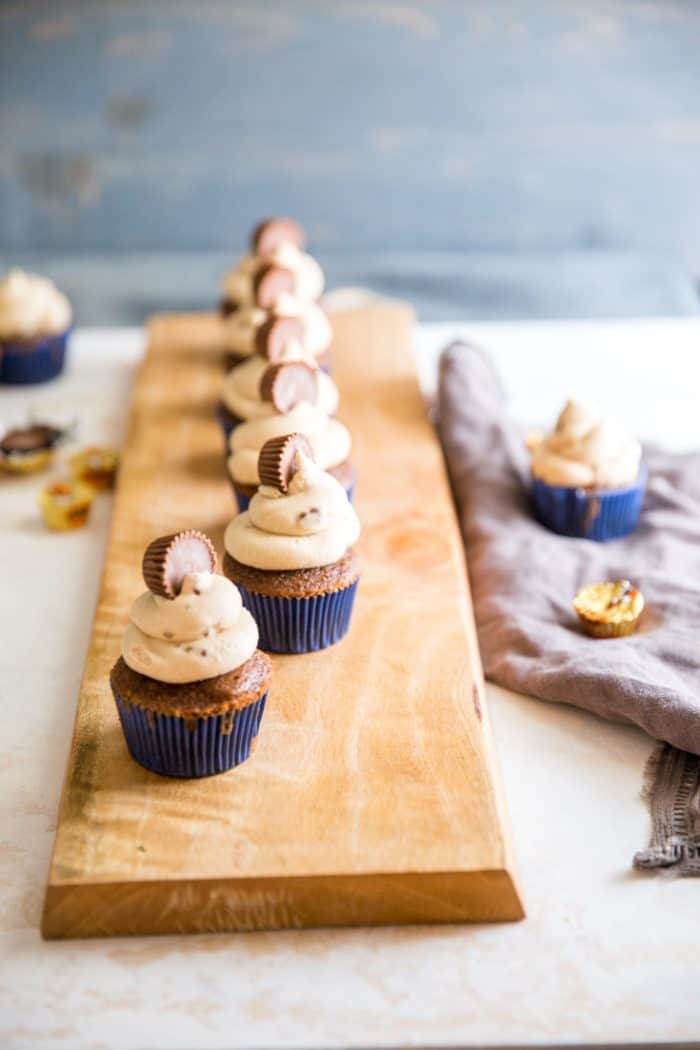 Peanut butter frosting on chocolate cupcakes
