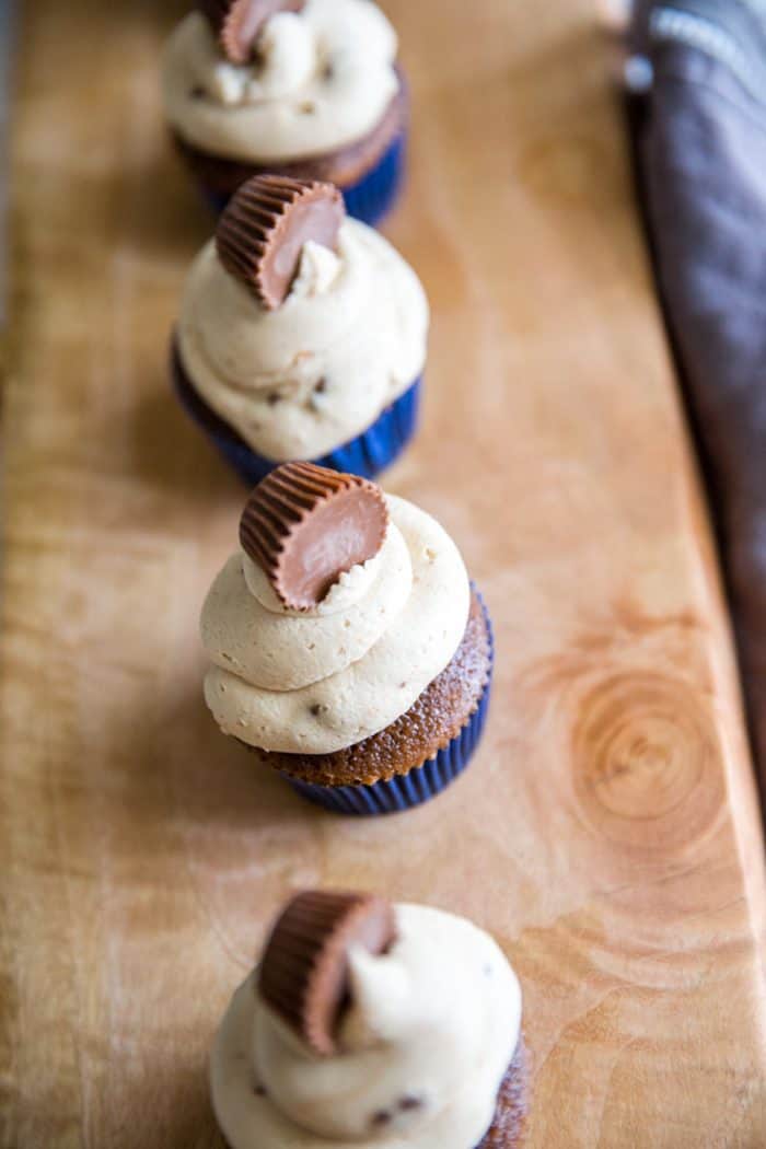 Chocolate cupcakes with peanut butter frosting line up