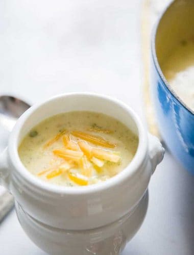 Broccoli cheddar soup in a white bowl