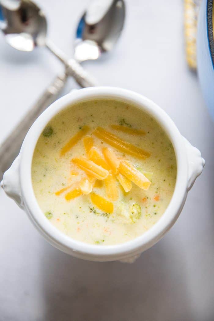 broccoli and cheese soup bowl close up