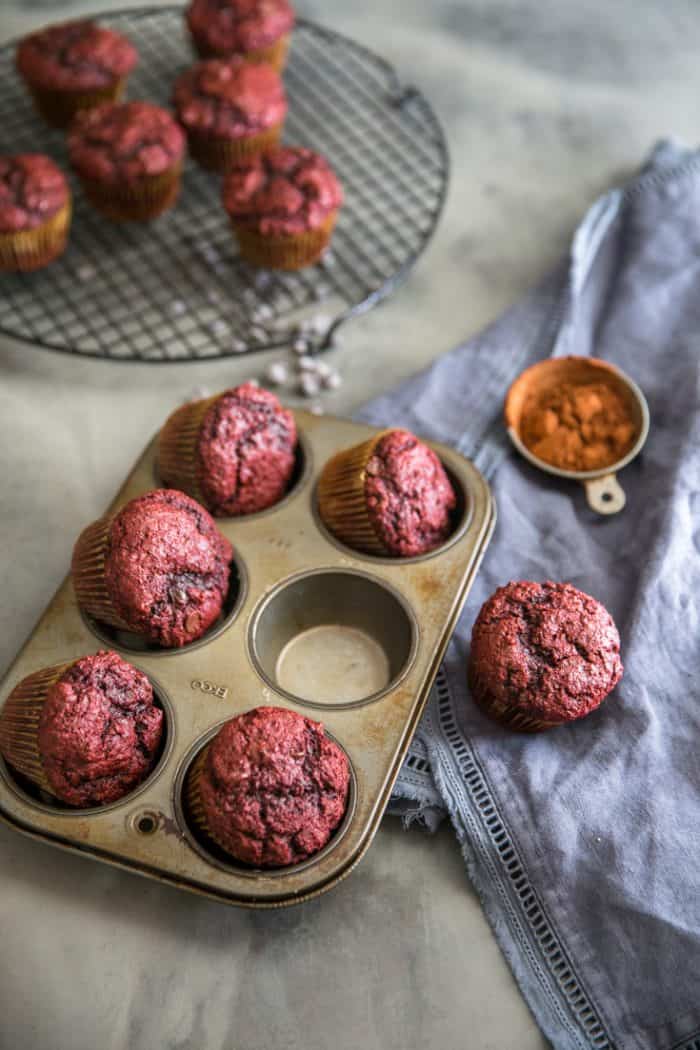 six red velvet chocolate chip muffins