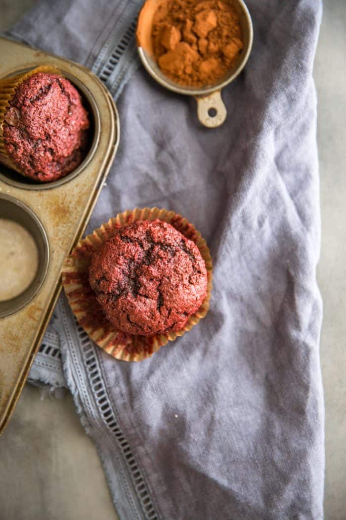 red velvet chocolate chip muffin one
