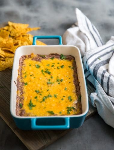 black bean dip with chips on the side