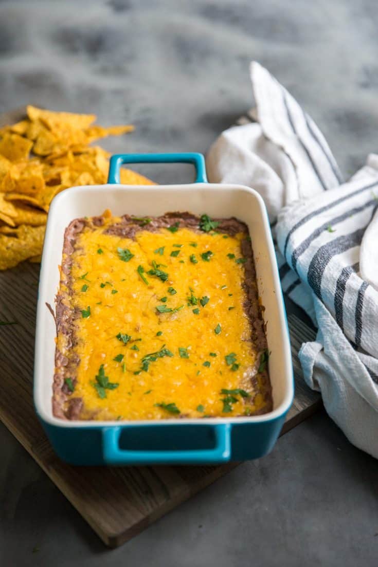 black bean dip with chips on the side