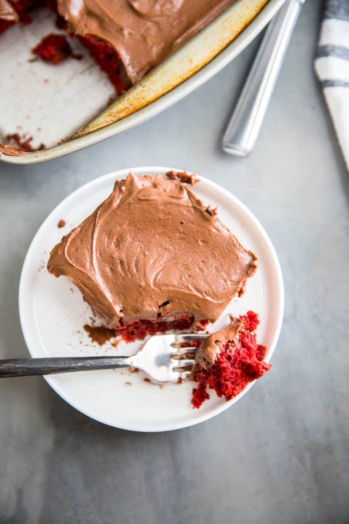 Red velvet brownies bite with a fork