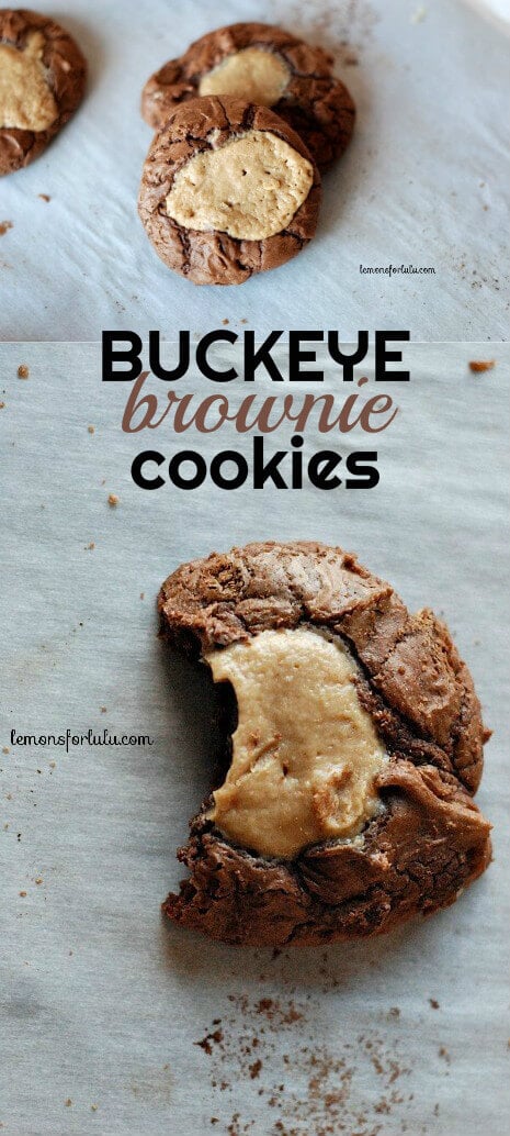 These buckeye brownie cookies are soft, cake-like cookies that are filled with a creamy dollop of peanut butter. They are easy buckeye treats!