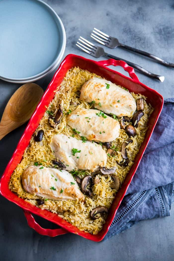 Baked chicken with orzo
