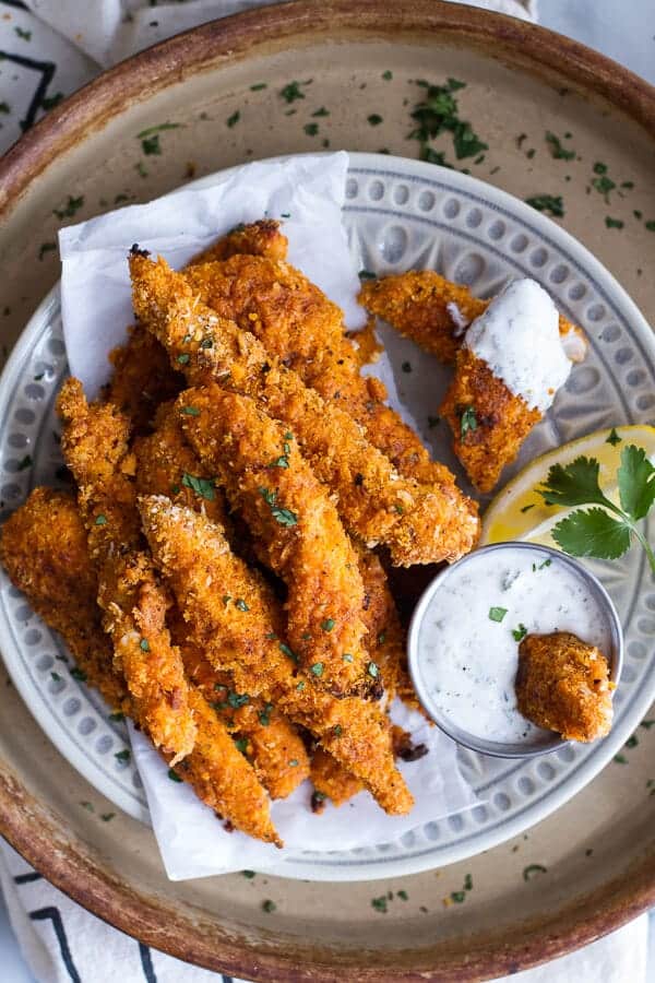 Black-Pepper-Rub-Chicken-Fingers-with-Greek-Yogurt-Ranch.-via Half Baked Harvest: Meal Plans Made Simple