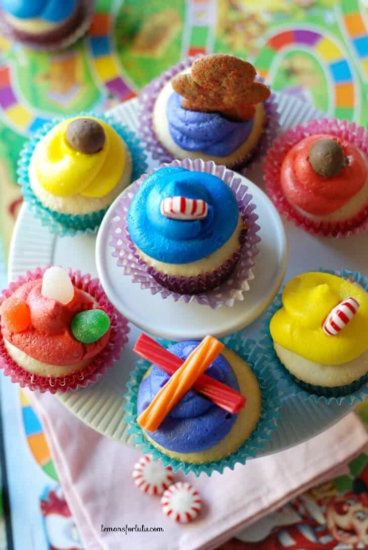An assortment of yummy candies can be found on these Candy Land Cupcakes!
