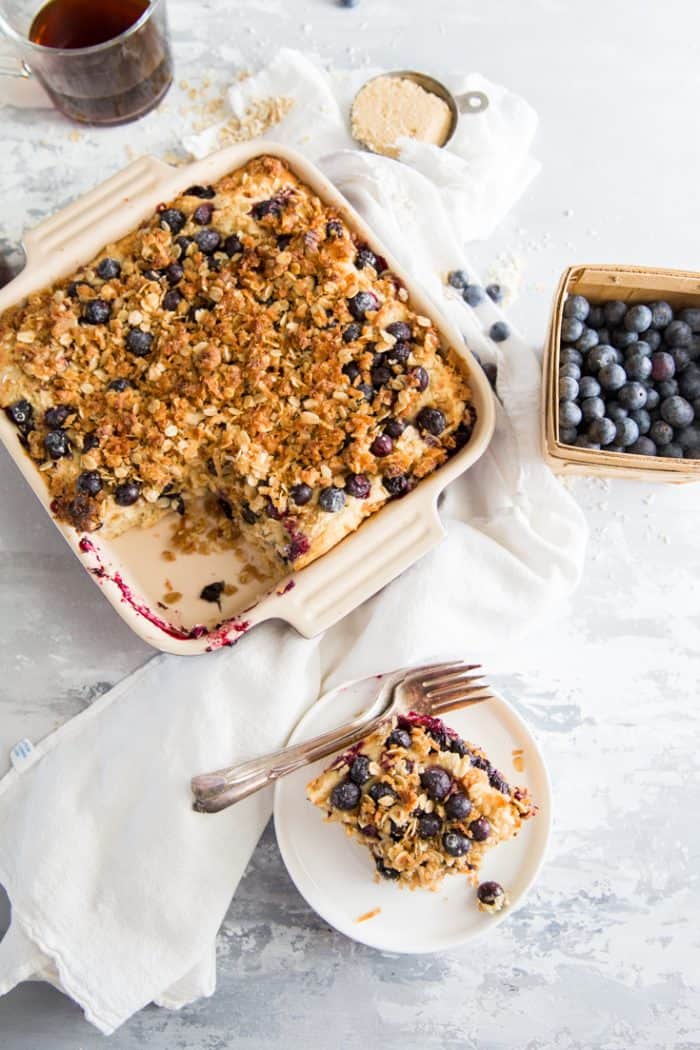 Blueberry coffee cake piece on the side