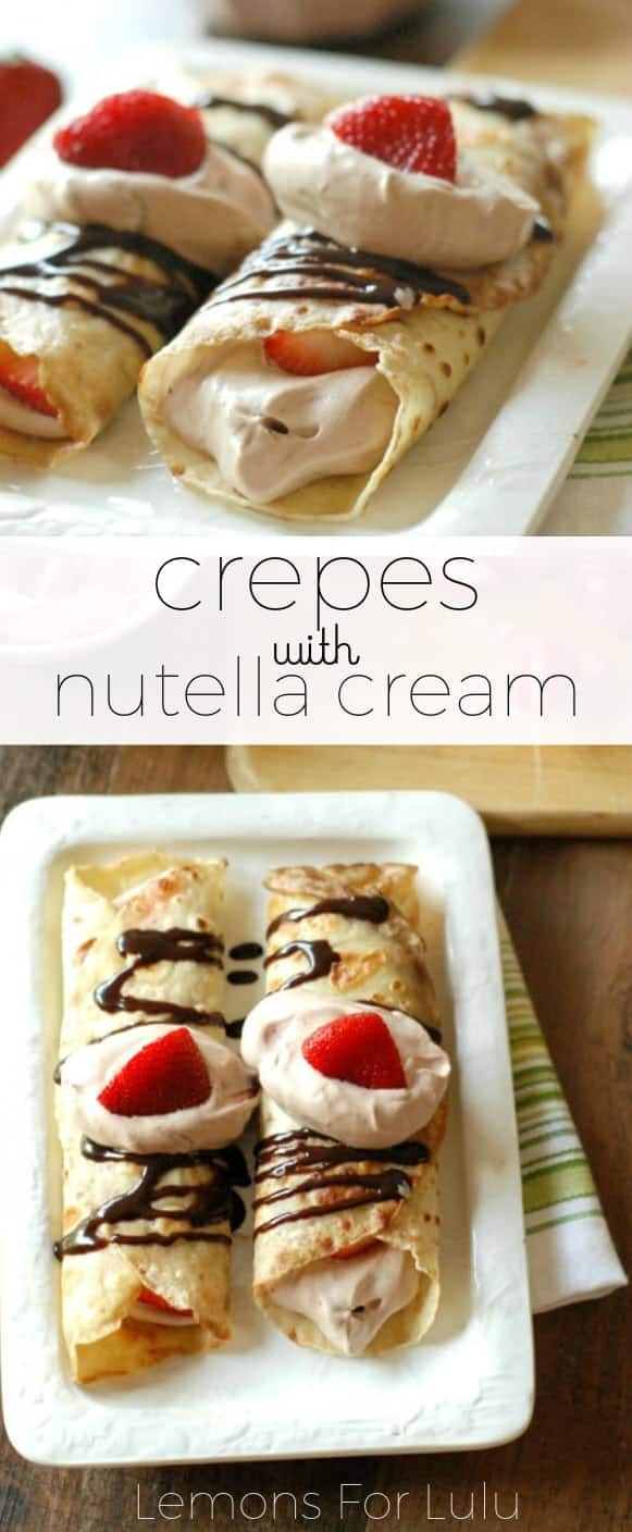 Simplified blender crepes are filled with a light and fluffy Nutella whipped cream and fresh strawberries! This is one dessert that is sure to impress.