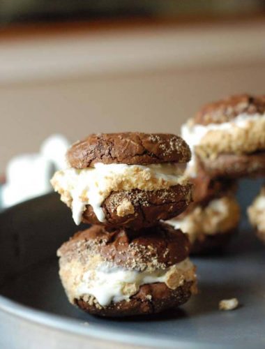 Easy Ice cream sandwiches with chocolate cookies marshmallow ice cream on a plate.