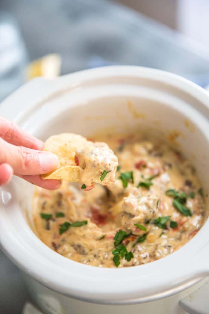 Hanky Panky Sausage dip recipe with a chip scooped