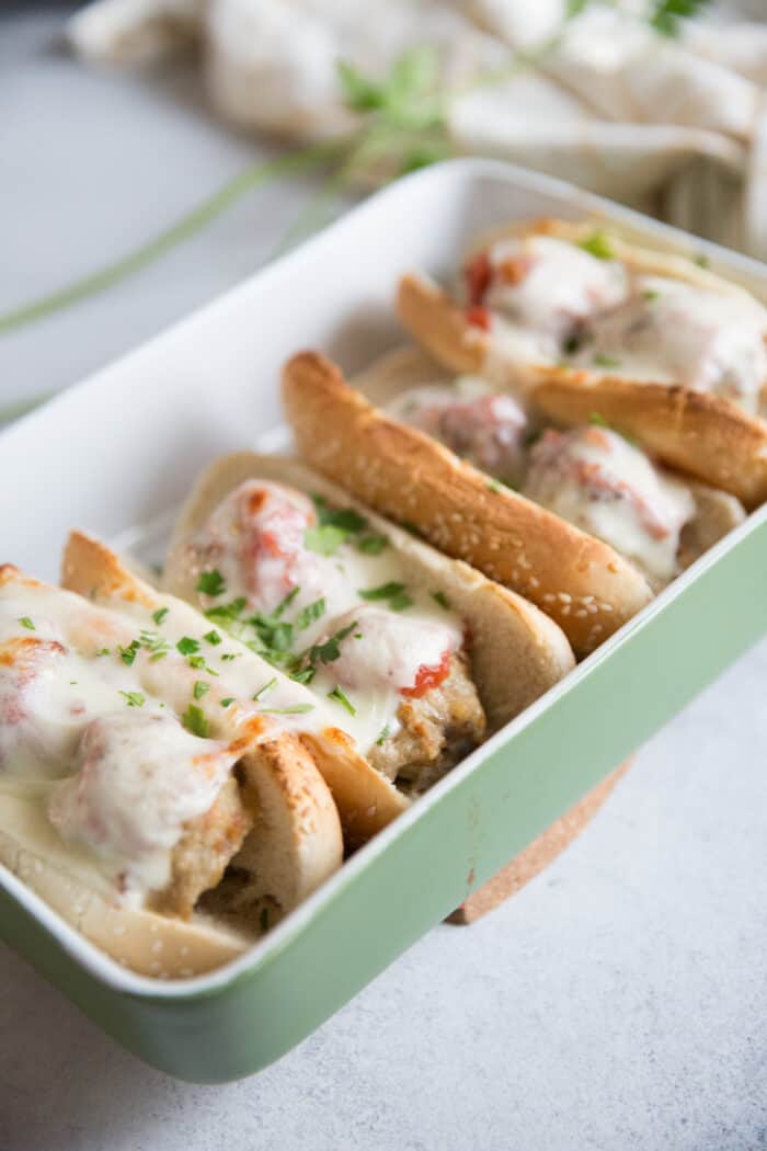meatball subs in a baking dish