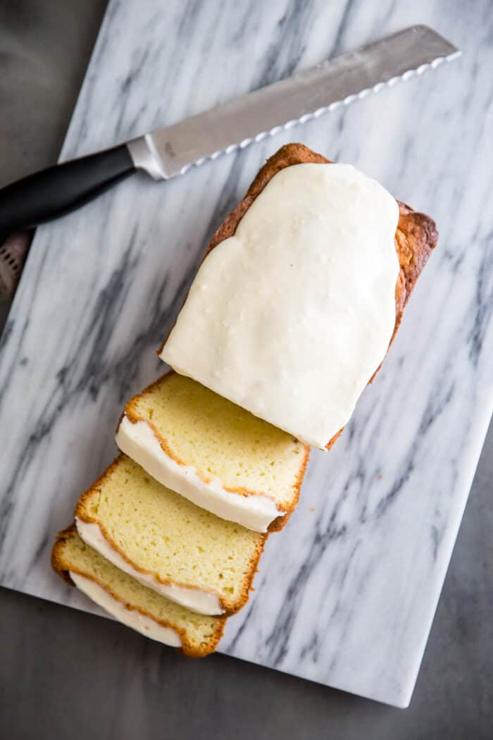 cream cheese pound cake on marble