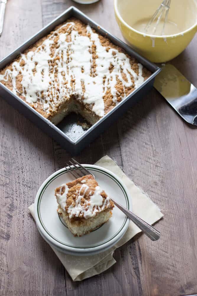 This coffee cake is festive and easy! A ginger streusel and a maple glaze make this coffee cake outstanding! www.lemonsforlulu.com #Fleischmann’s Yeast