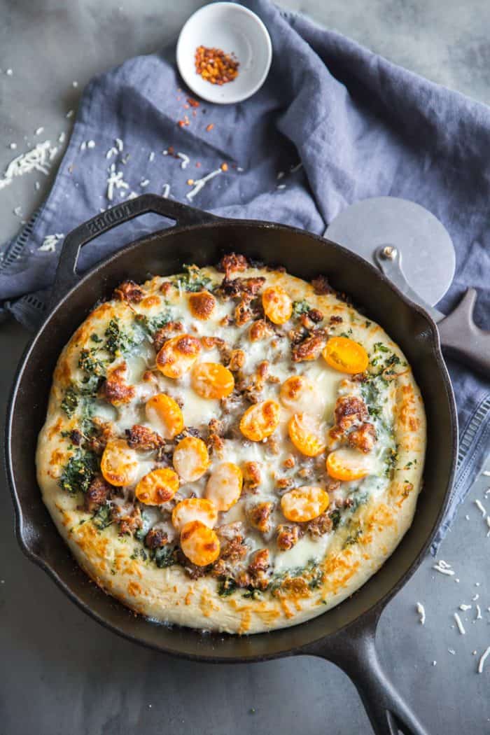 Mini Skillet Kale Pesto & Italian Sausage Pizzas