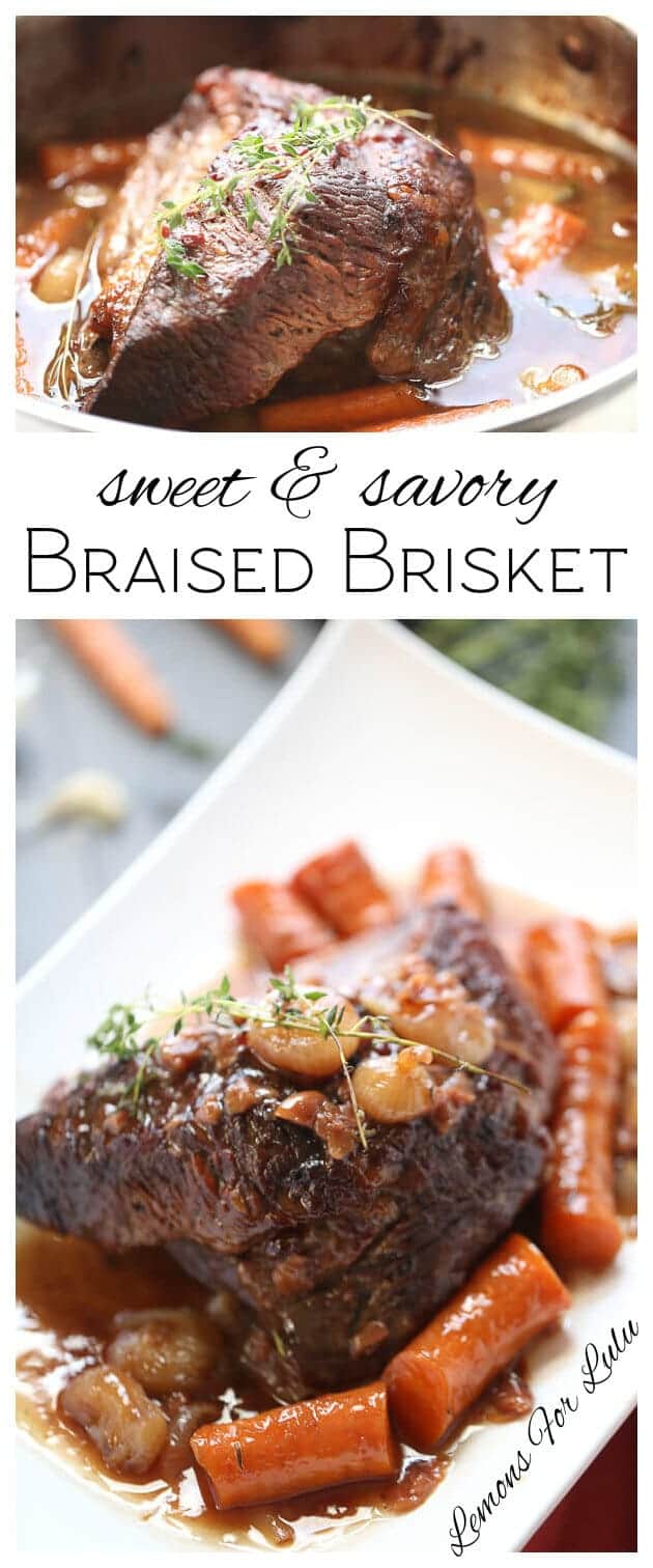 Braised beef brisket is slow cooked with vegetables and a perfect sweet and savory sauce: a perfectl dinner and it couldn’t be simpler! 