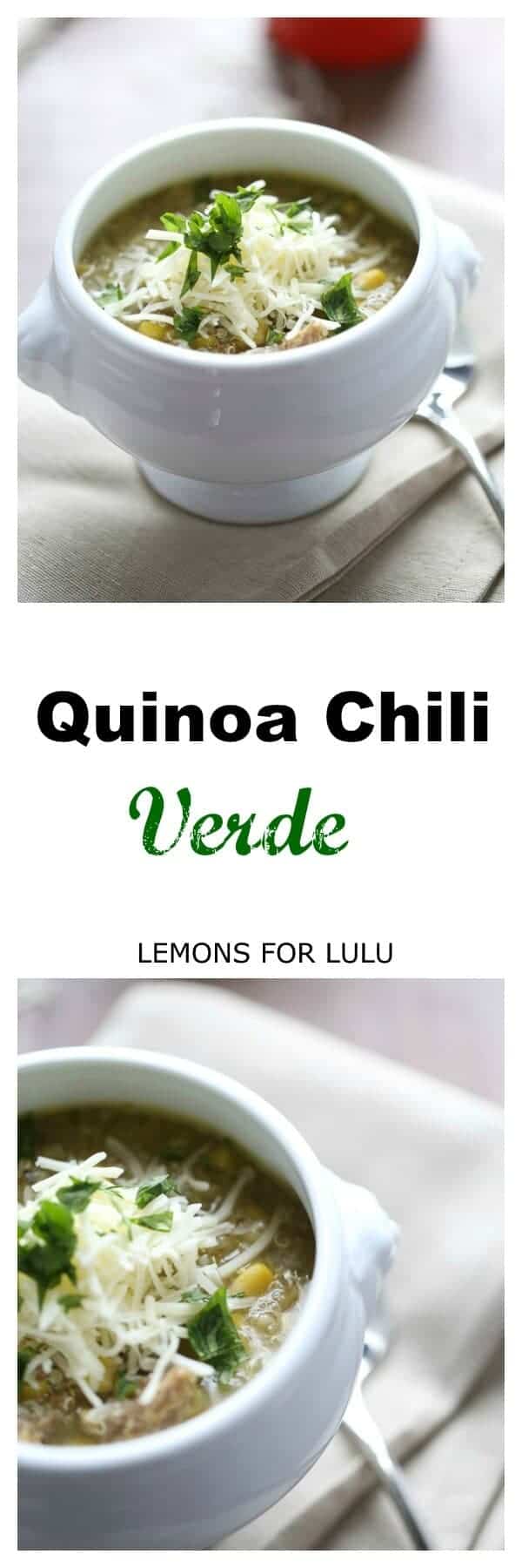 Quinoa Chili Verde has smoky vegetables, flavorful pork and satisfying quinoa! It’s the perfect meal! lemonsforlulu.com