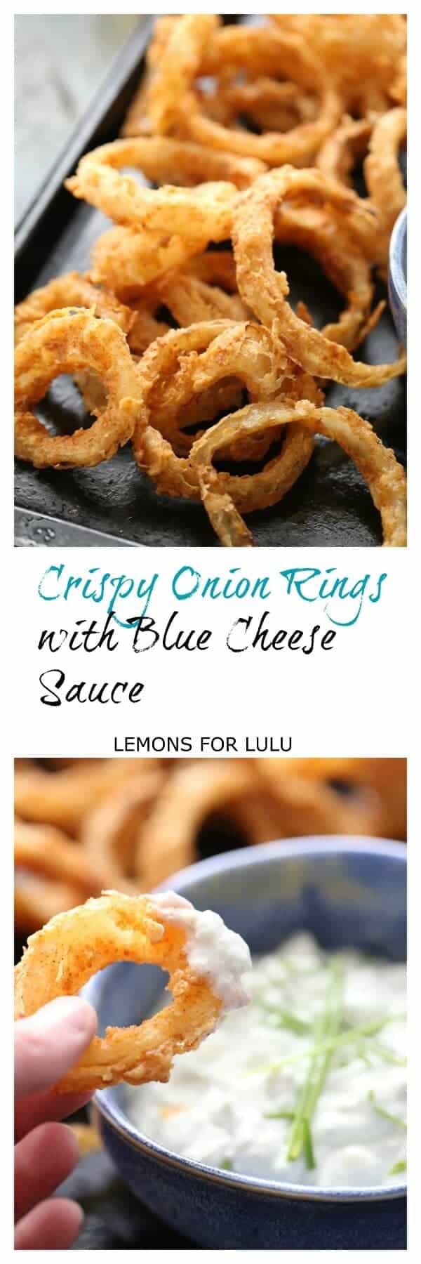 Crispy onion rings are spiced with bbq seasoning and then dipped in a creamy blue cheese sauce! lemonsforlulu.com