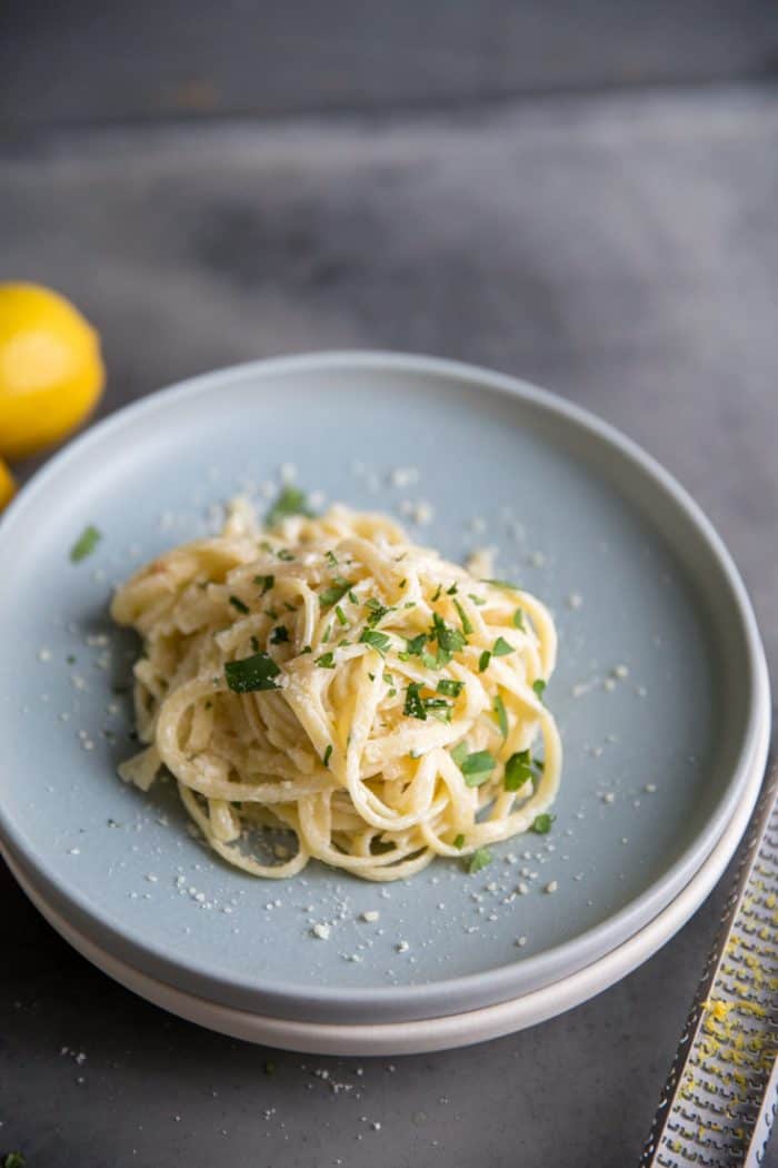 lemon pasta blue plate