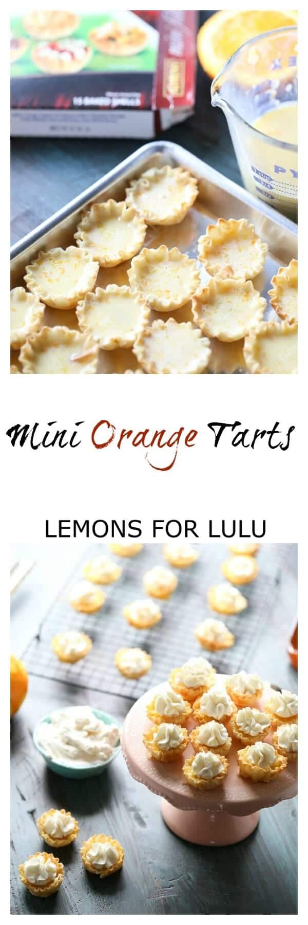 Mini orange tarts in a simple fillo cup topped with honeyed whipped cream. lemonsforlulu.com