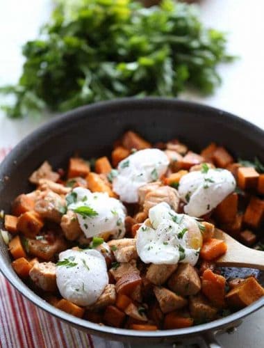 Sweet potato hash with salmon and eggs is the perfect meal for breakfast OR dinner! lemonsforlulu.com