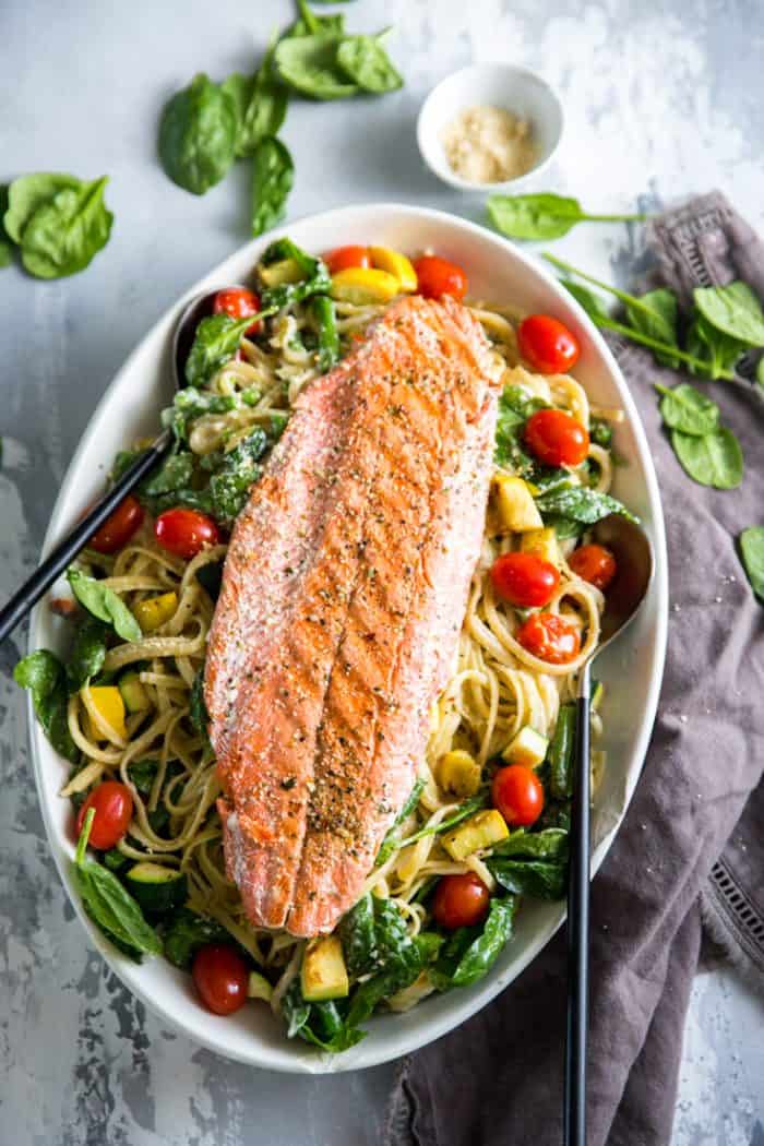 Pasta Primavera with salmon and placed on a platter