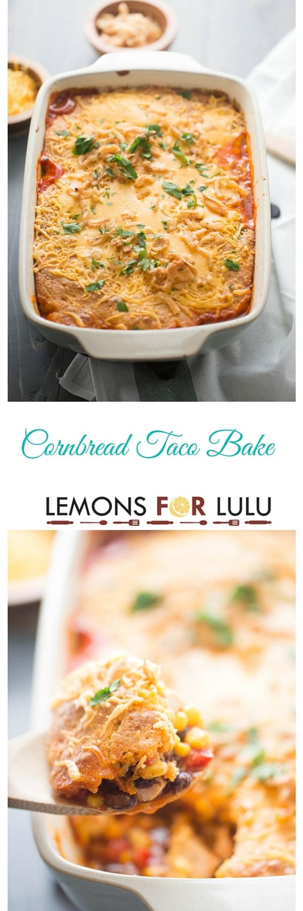 A simple cornbread taco bake that is a quick meal for any night of the week! This family friendly recipe starts uses pantry staples and rotisserie chicken which makes this meal come together in a flash! lemosforlulu.com