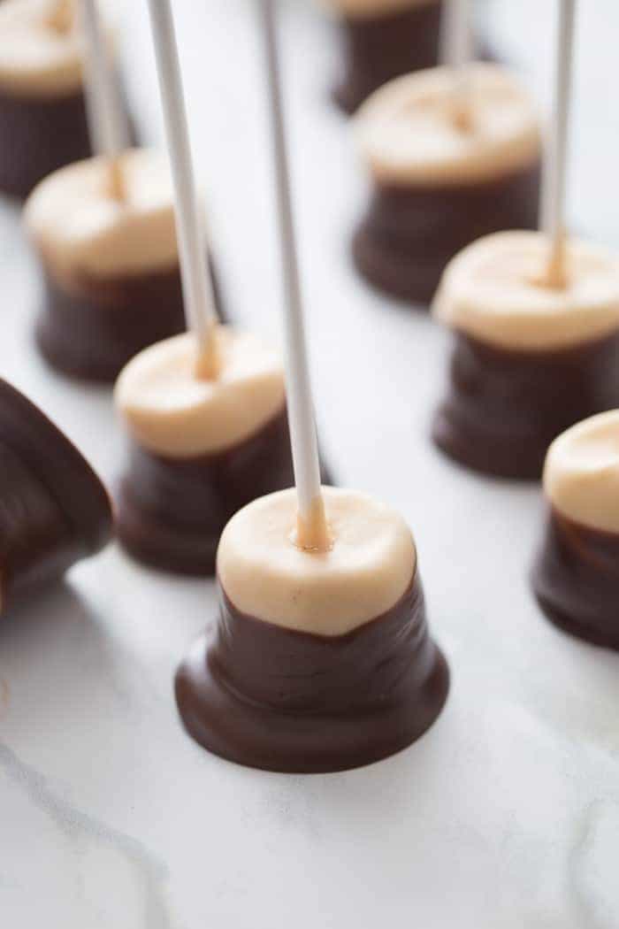 Marshmallow pops that are dipped in a mixture of white chocolate and peanut butter then semi sweet chocolate! Like a buckeye candy but oh so easy! lemonsforlulu.com
