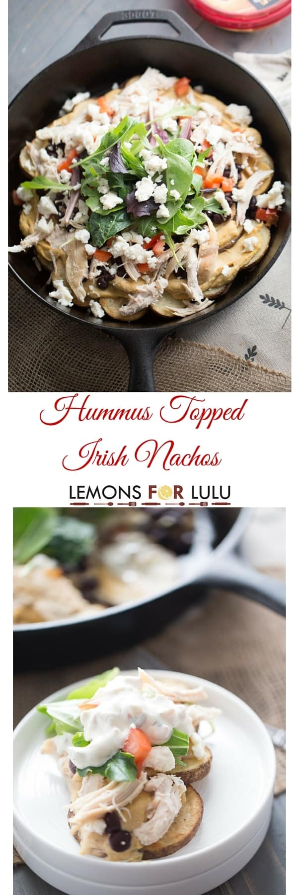 Crispy baked potatoes give this game day snack and Irish twist, but the hummus, chicken and veggies turns this easy snack into something extraordinary! lemonsforlulu.com