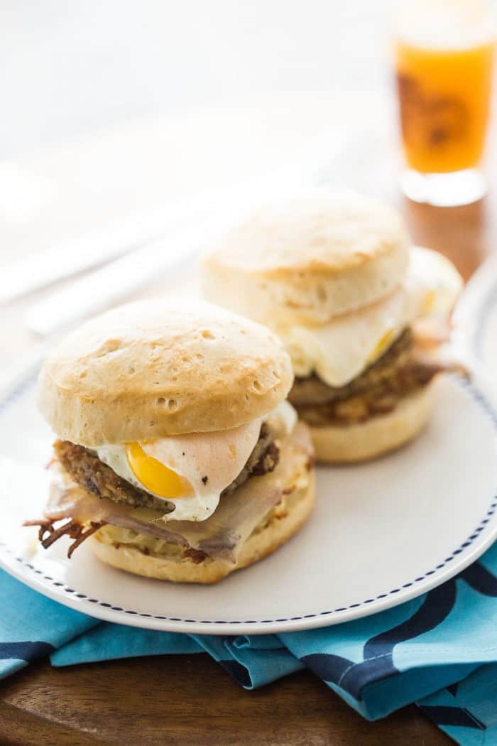 This breakfast sandwich recipe has everything you love about big Sunday style breakfasts; it as hash browns, cheese, biscuits, eggs and goetta!