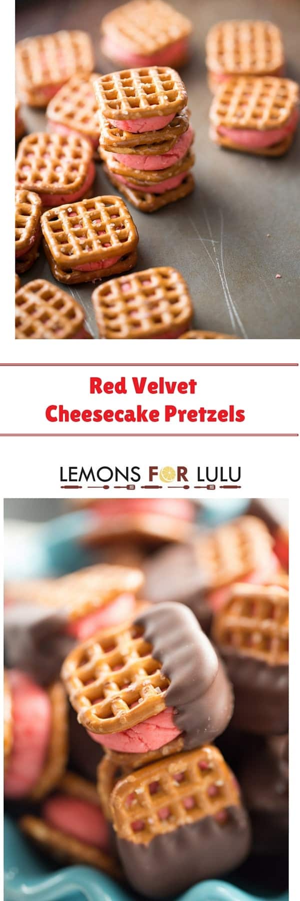 Love red velvet? This recipe is so easy and will curb all your salty/sweet cravings! This pretzels recipe starts with salty pretzel that surround a sweet, red velvet cheesecake filling. Each little bite is then dipped in luscious chocolate!