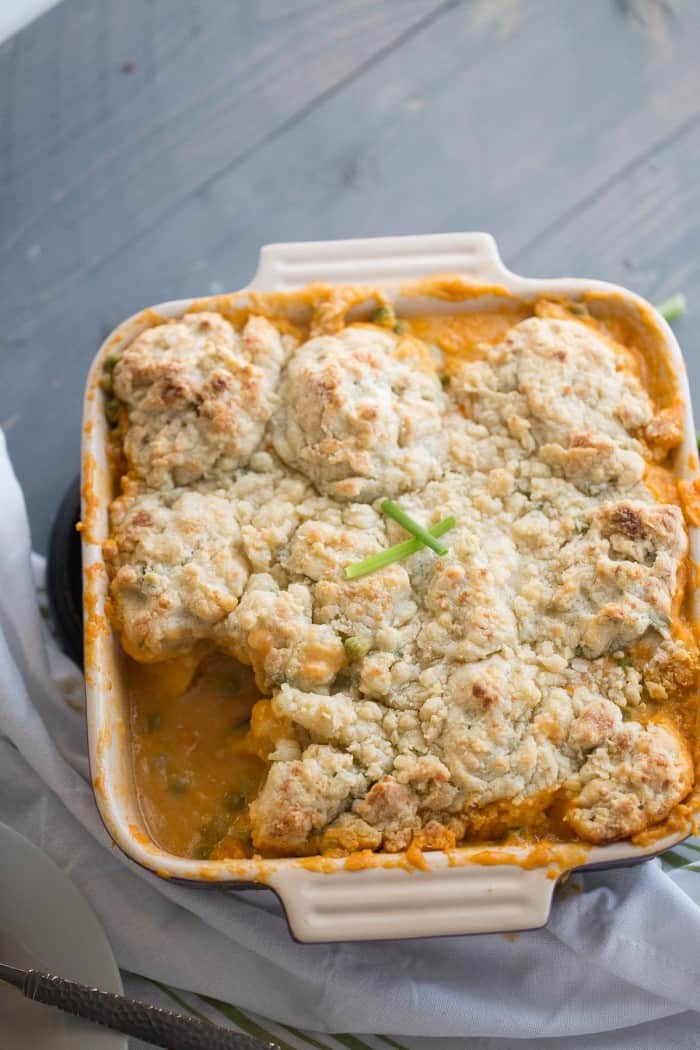 Simple Buffalo chicken cobbler for true Buffalo sauce lovers! This dish is creamy, spicy and pure comfort