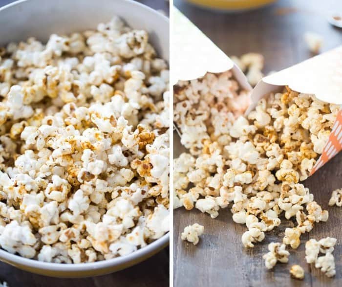 photo collage - Sweet kettle corn recipe with brown sugar and BBQ seasoning in a large white bowl and small popcorn containers on a wooden table.