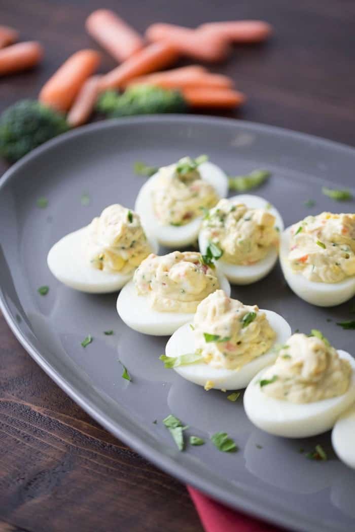 A simple deviled egg with lots of garden veggie and ranch flavor!