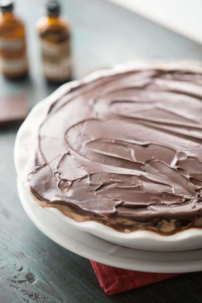 Love ice cream? This mocha coffee ice cream pie is all you need! Rich ice cream, caramel and chocolate ganache makes this pie an unforgettable dessert!