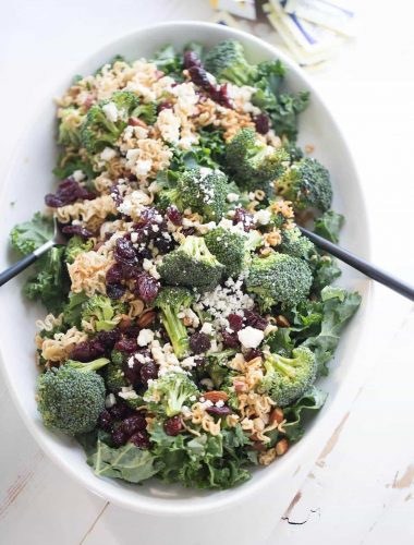 Ramen noodle salad with fresh broccoli, almonds, kale cherries and blue cheese!