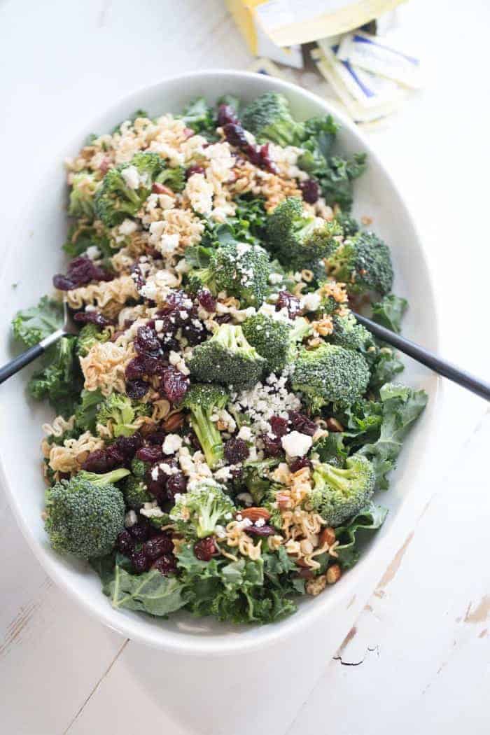Ramen noodle salad with fresh broccoli, almonds, kale cherries and blue cheese!
